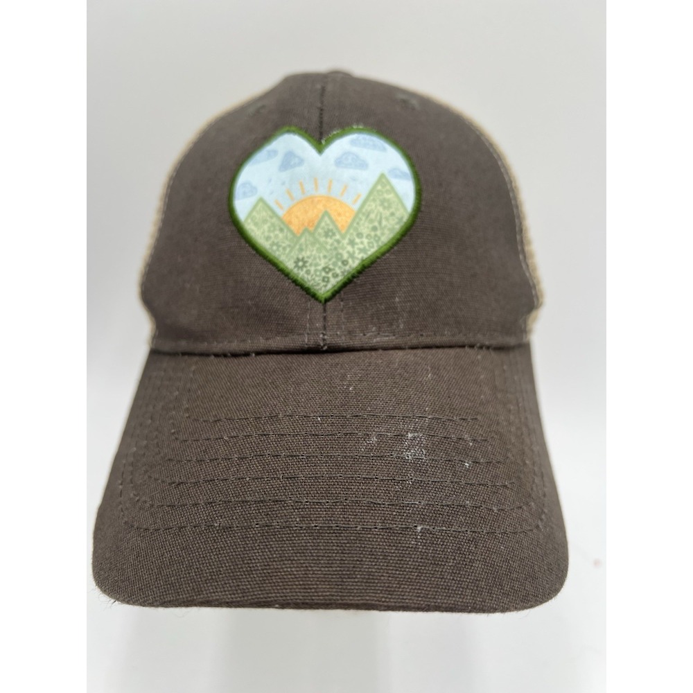 Infinity Her Brown Tan Trucker Hat Heart Mountain Sunrise Ponytail Cap OSFM